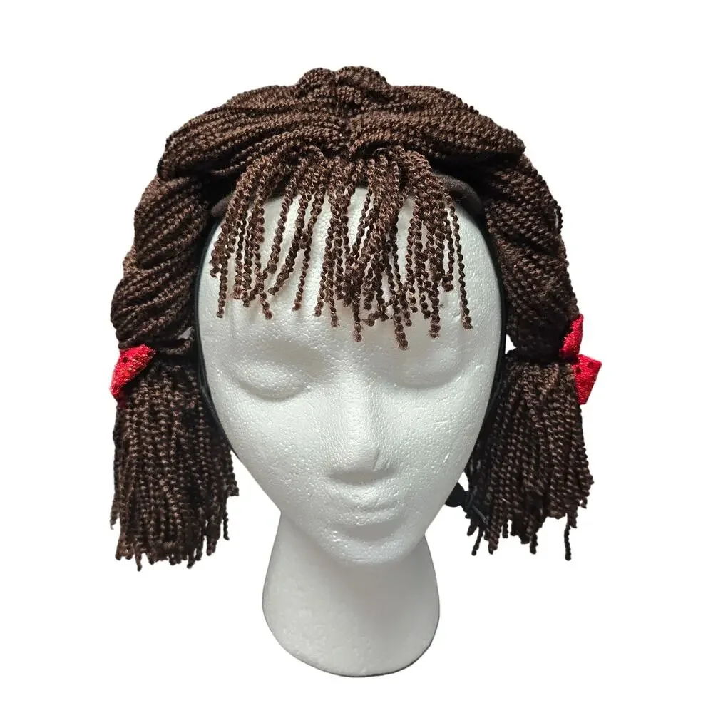 Brown Yarn Braided Hair In Pigtails with Red Bow Adjustable Strap Costume Wig